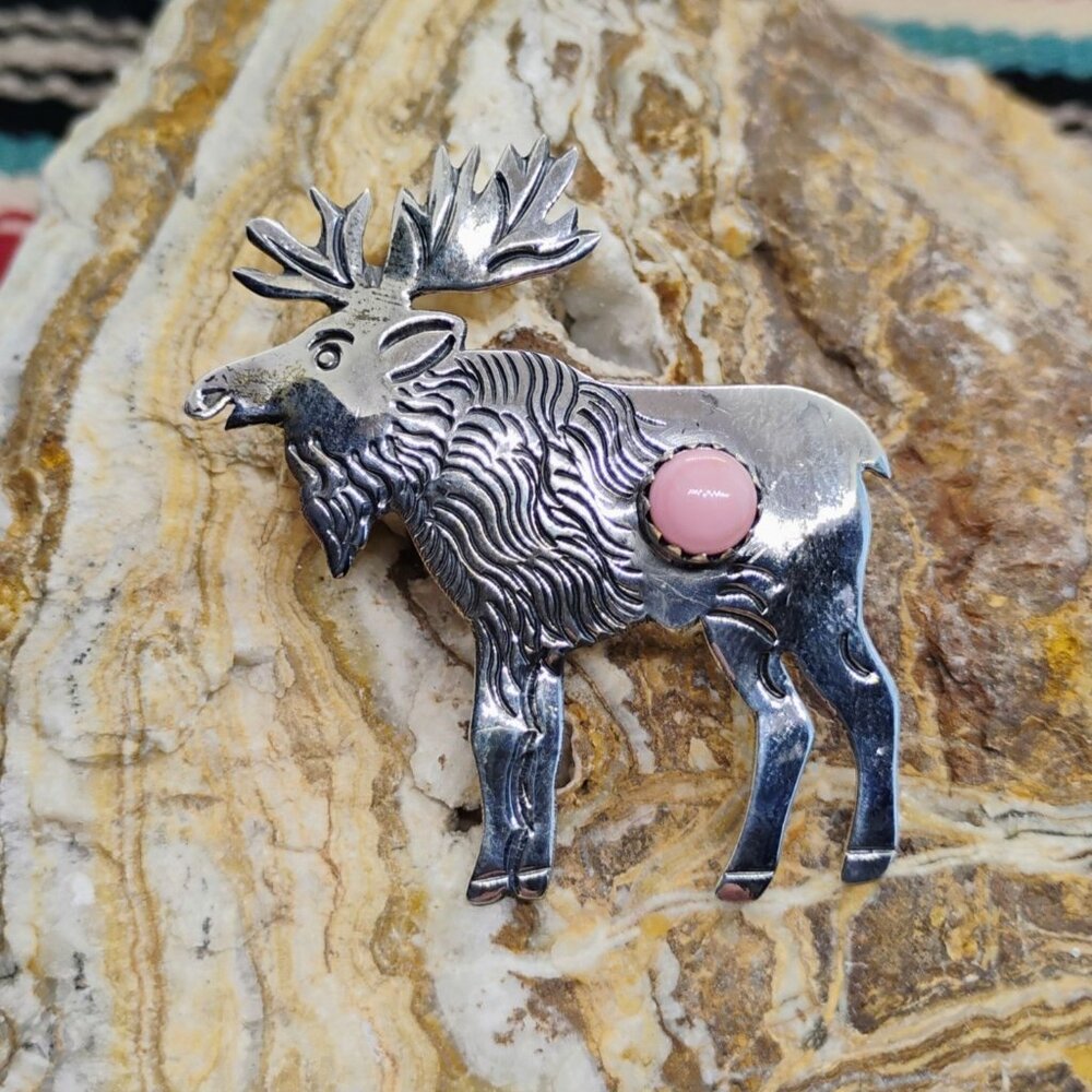 Sterling Silver Pink Conch Shell Moose Elk Pendant 2" Long - Picture 2 of 7